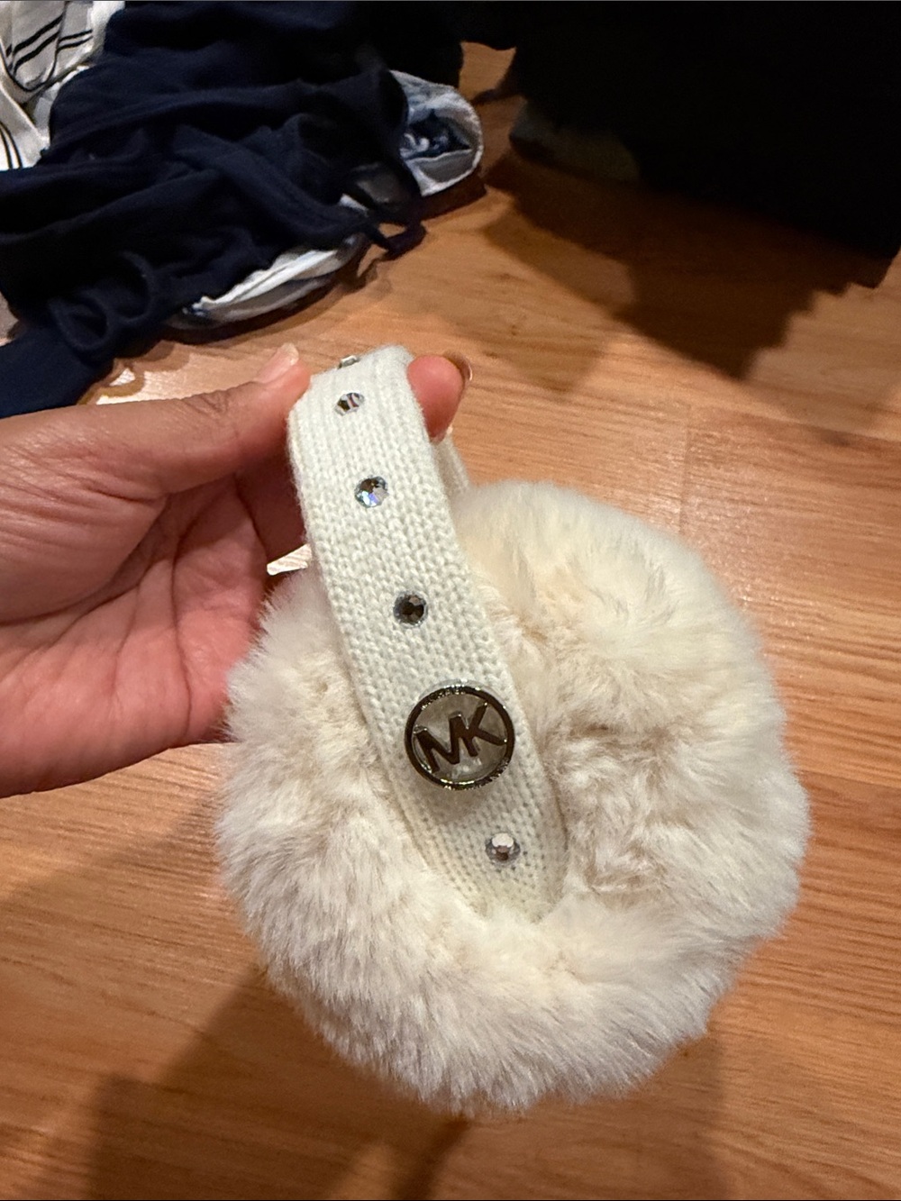 Michael Kors Ivory Faux-Fur Earmuffs with Jeweled Knit Band